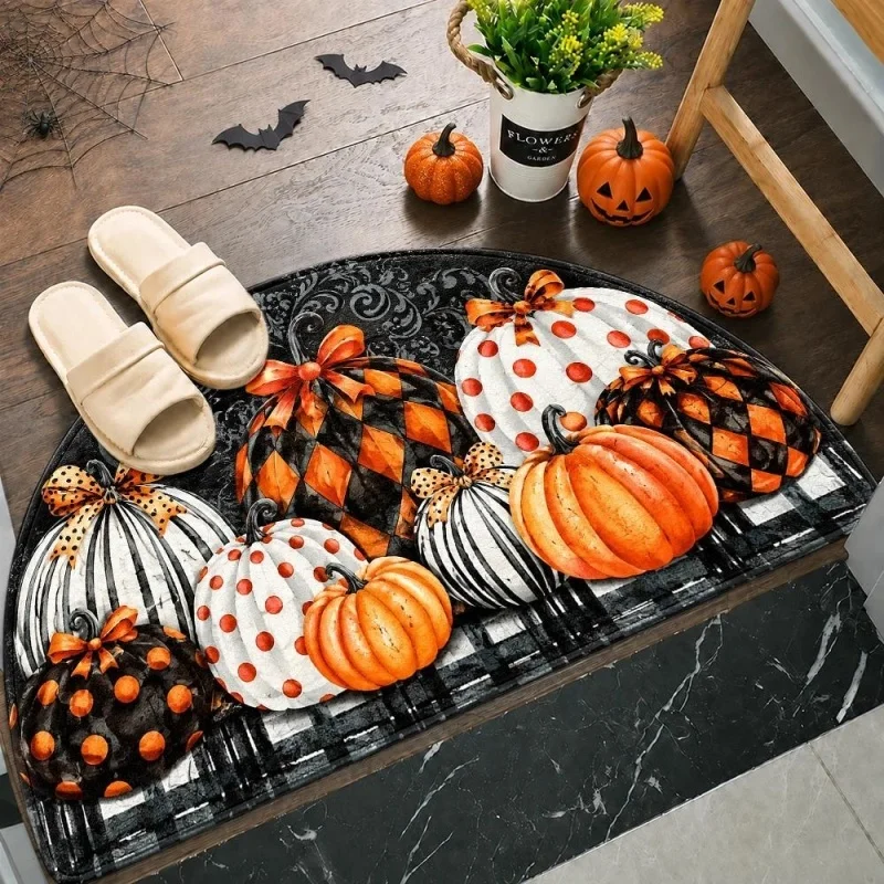 Fall Patterned Pumpkin Half Round Doormat, Check Bow Printed Entry Mat, Autumn Front Door Decor