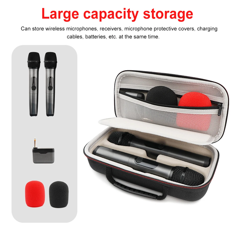 EVA 하드 듀얼 무선 마이크 보관 가방 지퍼 포함 핸드헬드 듀얼 마이크 케이스 리시버 어댑터 AA 배터리 충전기용