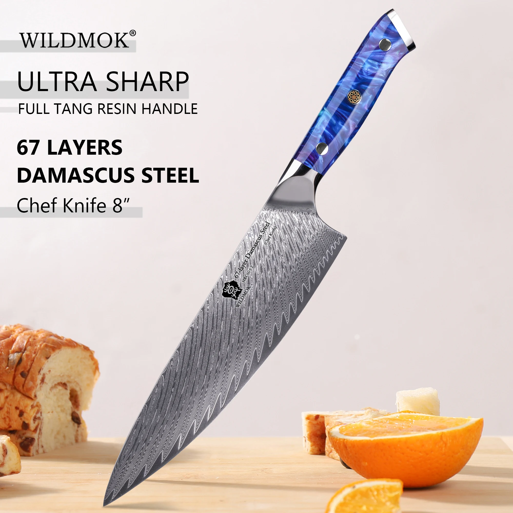 WILDMOK 8 Inch Chef Knife, 67 Layer VG10 Damascus Steel Blade, Ergonomic Resin Handle Multipurpose Kitchen Cooking Knife
