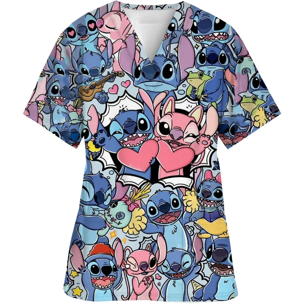 

Miniso T-shirt Stitch Nurse Uniform Tops V Neck T Shirt Disney Hospital Woman Clothes Pocket Top Women 2024 Summer