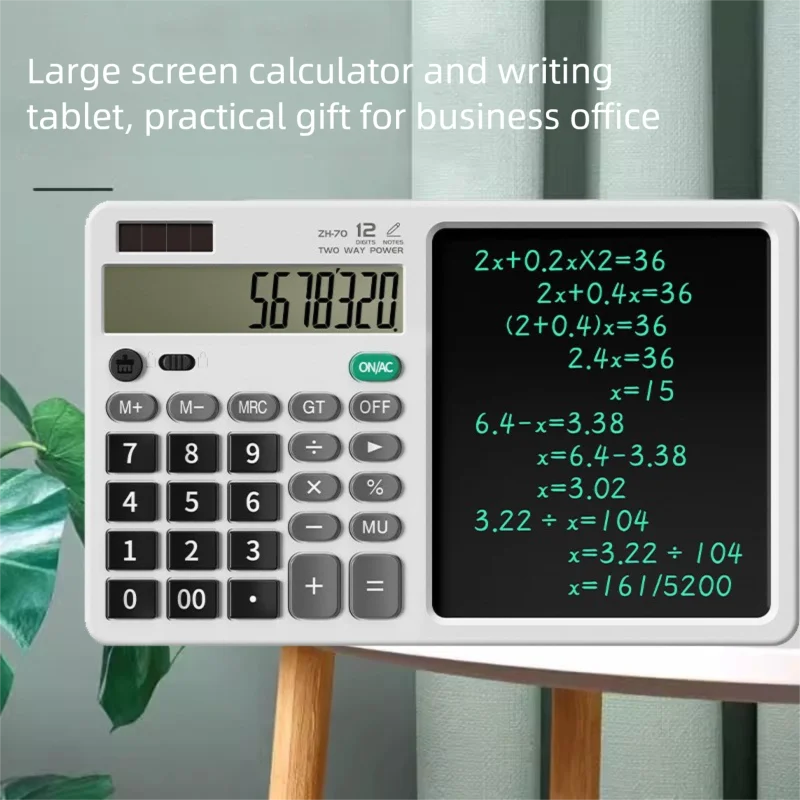 2 in 1 Calculator Writing Tablet Folding 12 Digits Erasable Doodle Pad with Battery-Free Stylus for Office Study