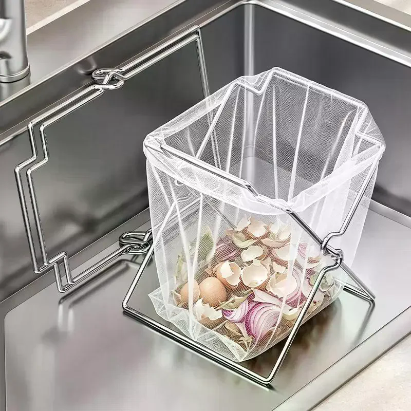 Collapsible Metal Garbage Bag Holder, Kitchen Countertop Trash Bag Support Rack, Portable Storage Organizer Stand
