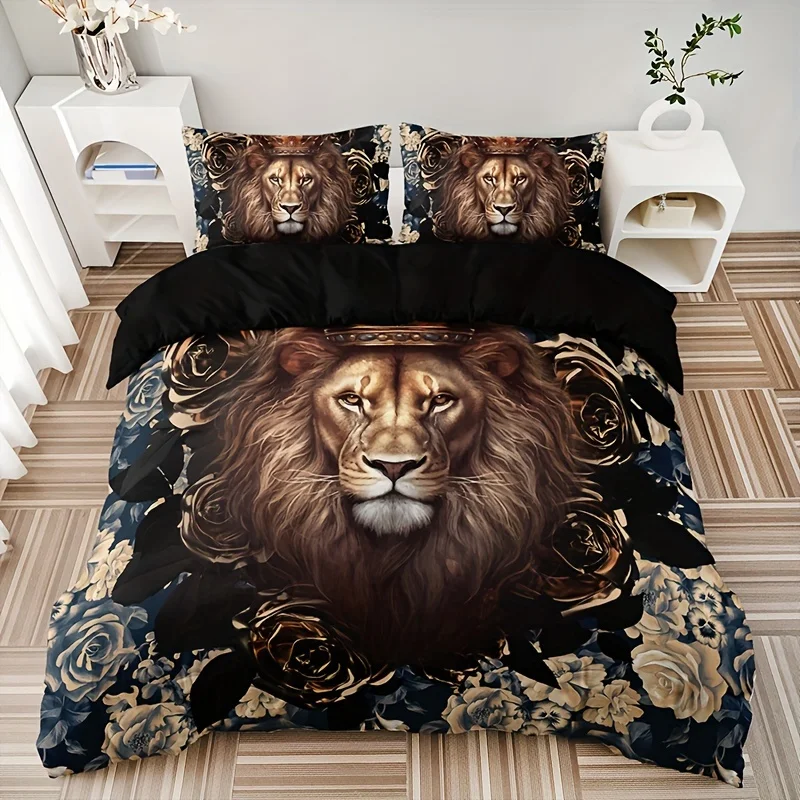 2026 Lion Duvet Cover Set King Size Wild Animal Pattern Bedding Set Decorative Comforter Covers Wildlife Theme Quilt Cover For T