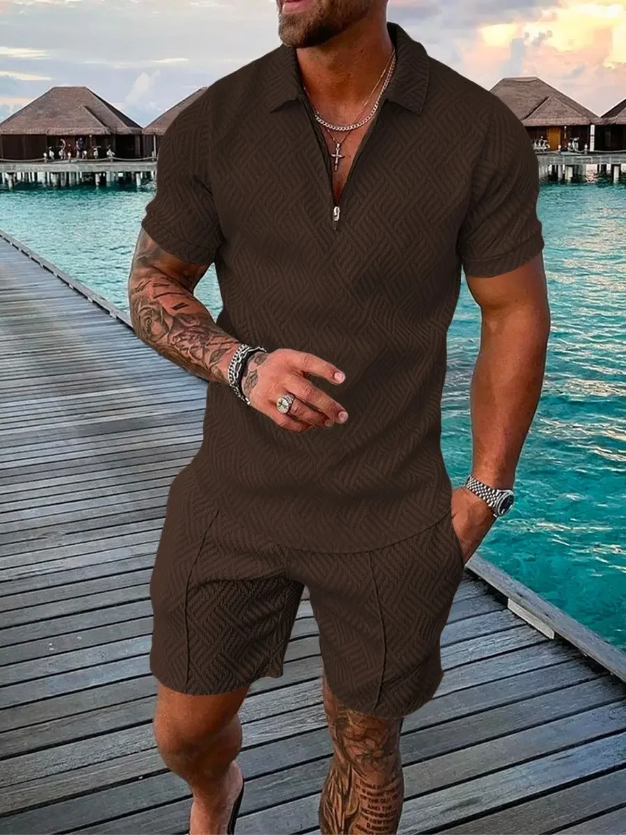 Men Sets Athleisure Short Sleeve Zipper Polo Shirt Shorts Set 2 Piece Set Summer Men's Fashion Short Sleeve Polo Shirt + Shorts