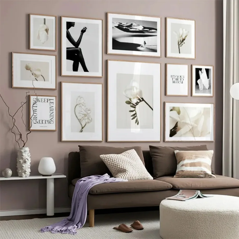 (No frame)Pósteres modernos de mujer elegante con flor de Dalia blanca bonita, arte de pared, pintura en lienzo, imágenes de