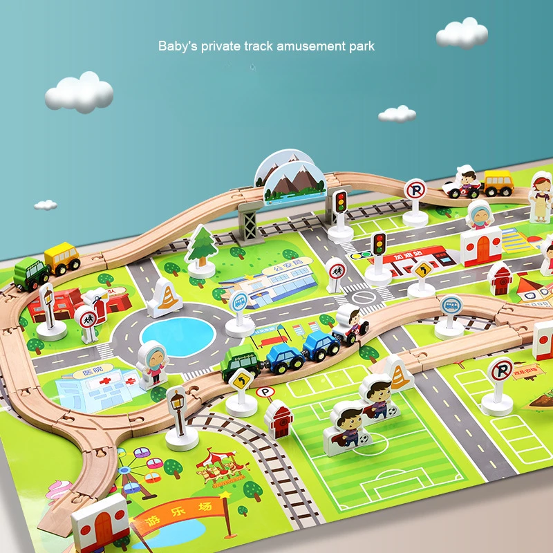 80 stücke Montessori Bildung Holz Puzzle Diy Städtischen Verkehrs Schiene Auto Holz Zusammengesetzte Bausteine Brettspiele Sensorischen Spielzeug Geschenk
