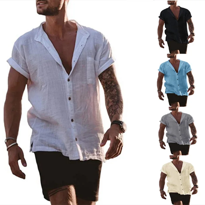 

2025 Summer Men's Solid Color Cotton and Linen Cardigan Loose Short Sleeve Pocket Simple Casual Shirt Men's