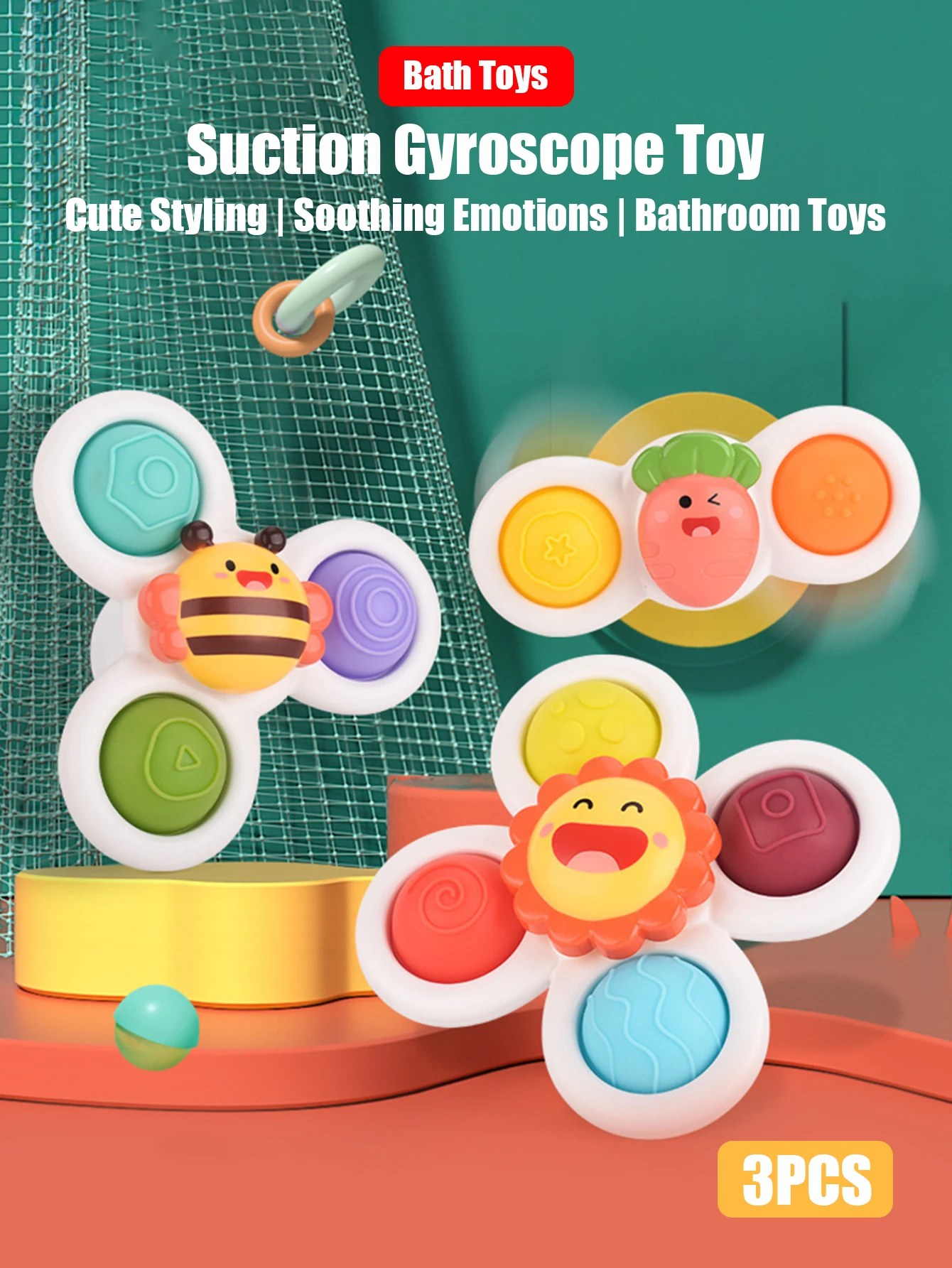 

3Pcs Suction Cups Spinning Top Toy For Baby Shower Game Relief Stress Educational Rotating gyroscope Bath Toys For Children