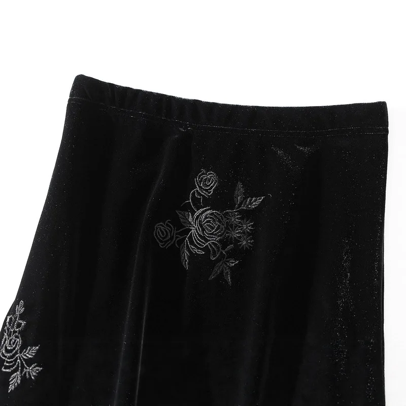 Retro design with black embroidery A-line skirt, women's high waisted ghost velvet Gothic fishtail skirt, mid length skirt