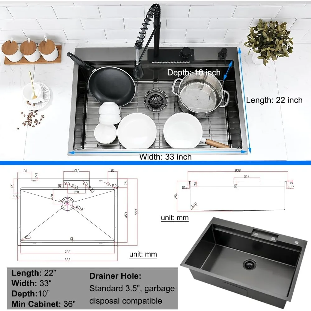 Imagem -06 - Cachoeira Gota na Pia da Cozinha com Torneira Combo Workstation Top Mount 33x22 33 Preto