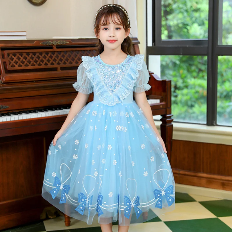 Girls Dresses Summer Sweet Cute Dress New Casual Princess Frock Baby Bowknot Lace Gown Children Fashion Party Costume