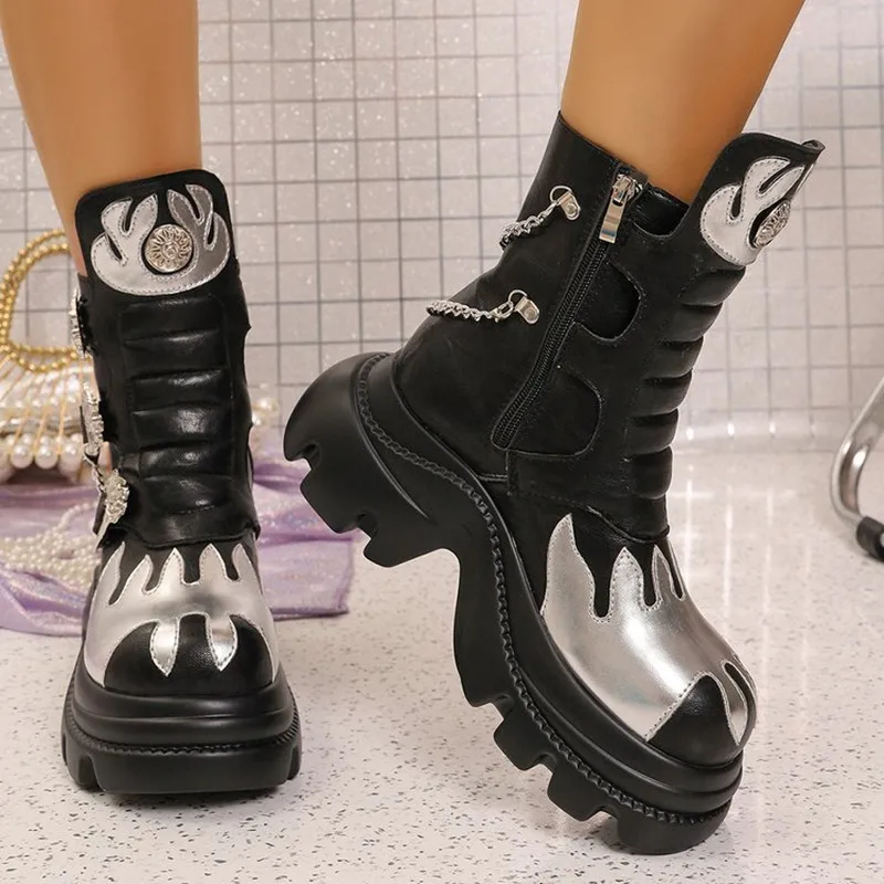 Women's New Punk Style Color-blocking Thick-soled Mid-calf Boots 2026 Spring and Autumn Chain Decoration Versatile Fashion Boots