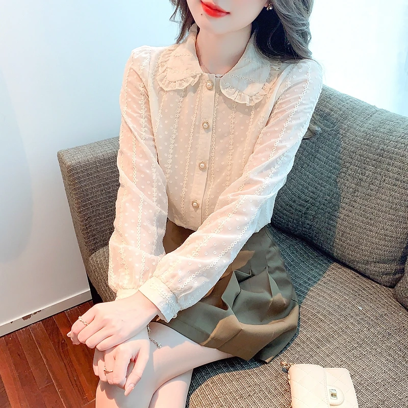 Long Sleeve Blouse Women Doll Collar Apricot Chiffon Blouse Shirt Tops Women Blusas Mujer De Moda 2024 Blouses Shirts Blusa G235