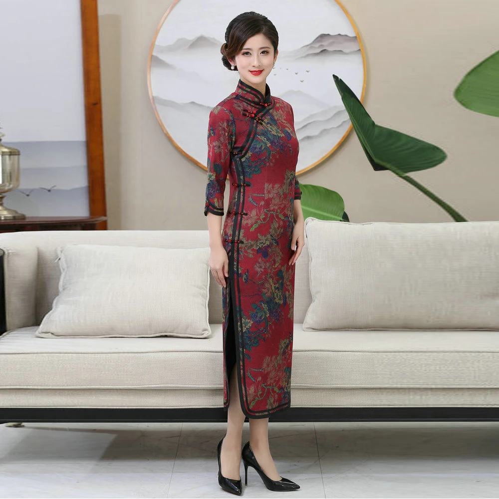 

Women's Thick Qipao Dress Mandarin Collar Both Side Splite Design One Piece Robe Green Red Retro Cheongsam Old Money Style Wear