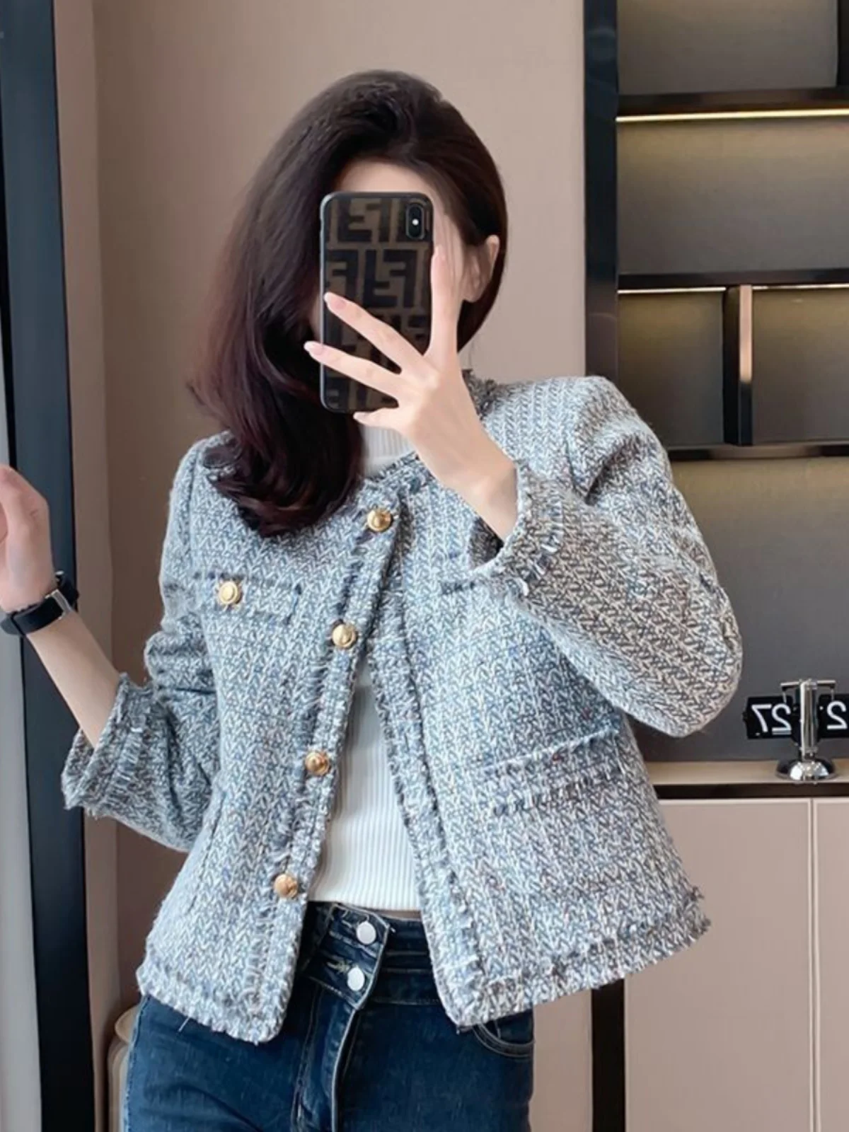 Thickened Grey Blue Dyed Woolen Coat Women's Fashionable Elegant Short Outerwear Spring Season Long Sleeve No Button Closure