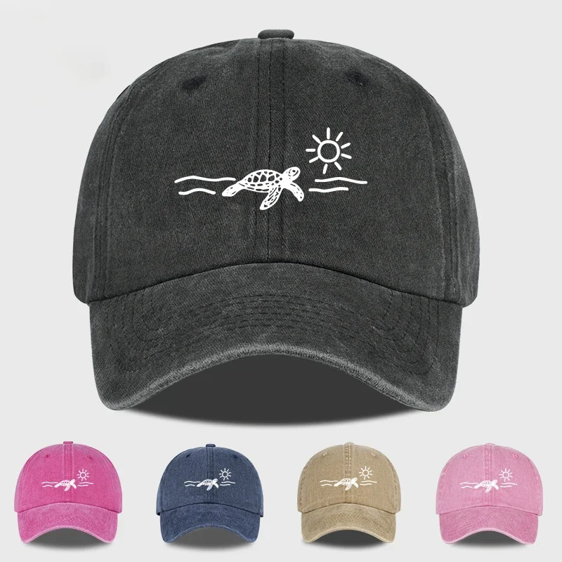 Vintage Washed Baseball Cap with Turtle, Sun, and Wave Print  Unisex Cap Perfect for Beach Vacations, Camping Best Seller