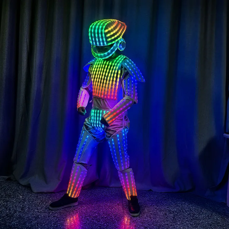 Men's Halloween Costume LED Luminous Robot Armor Helmet Circus Nightclub DJ Dancer Light up Clothes Space Warrior Cosplay Suit