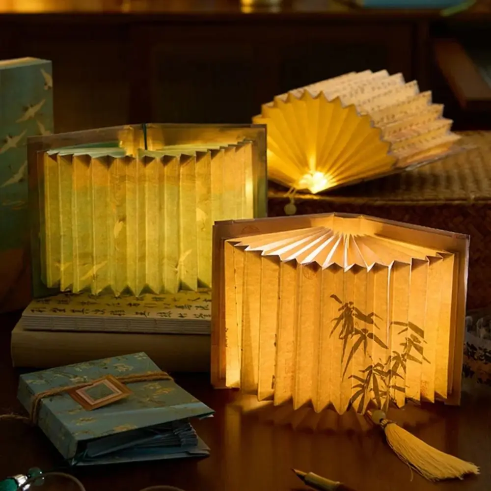 

3D Stereoscopic DIY Book Lamp Ancient Style Fan Shaped Folding Night Light Handmade with Tassels Art Book Light Material Kit