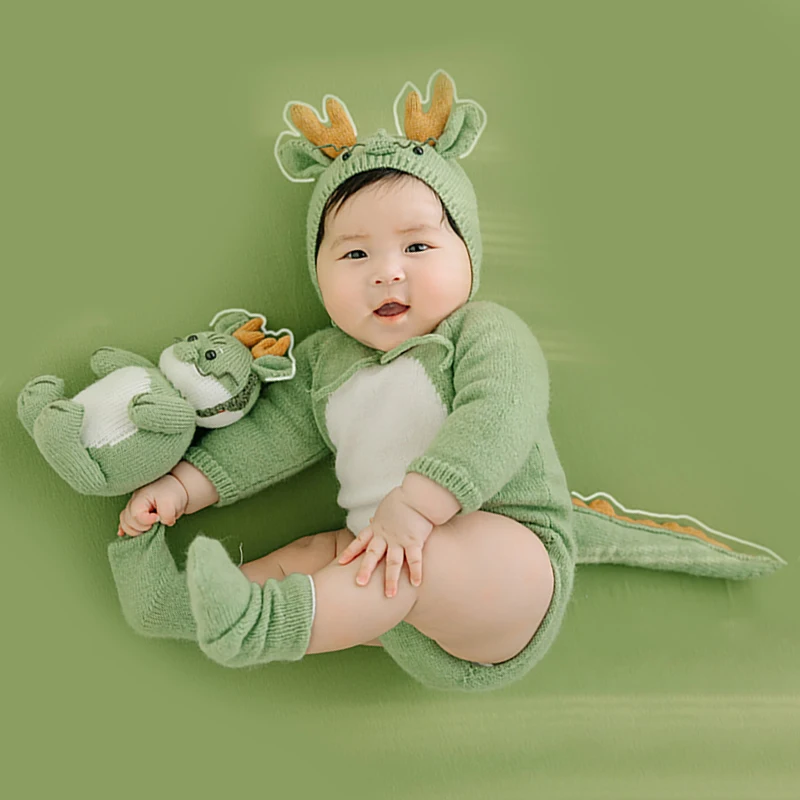 Crochet Baby Clothes Newborn Photography Outfits Cute Knitted Green Dragon Outfits Crochet Jumpsuit Hat Doll Studios Photo Props