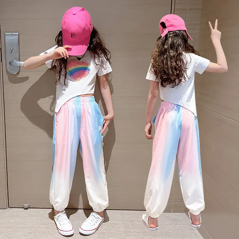 Teen Girls Summer Fashion Outfits Cotton Short Sleeve Heart Tshirt + Pants Rainbow Casual Style Streetwear Children Clothing Set