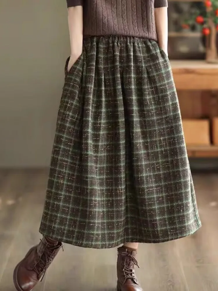 Retro Tweed Plaid  Skirt Women's Autumn Winter High Waist Slimming Warm Pleated A-Line Midi Skirt Wrap Body Long Dress