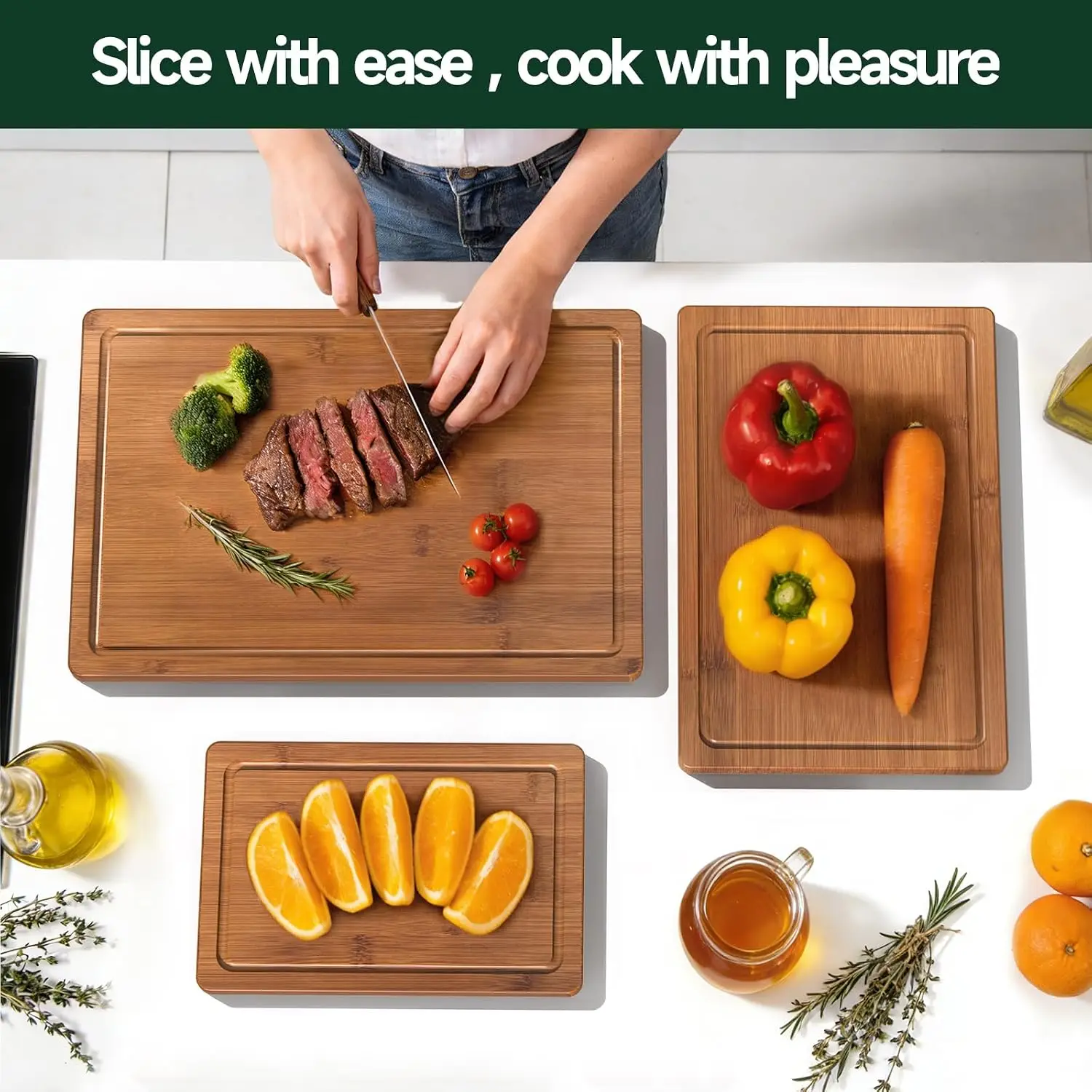3-Piece Set Deep-Carbonized Bamboo Cutting Board For Kitchen - Crack-Resistant Wood Chopping Boards With Deep Juice Grooves