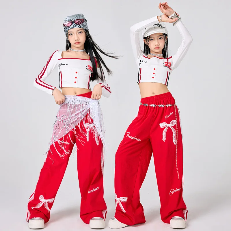 

Girls Hip Hop Off Shoulder Crop Top Joggers Pants Clothes Sets Kids Streetwear Children Jazz Street Dance K-pop Costumes