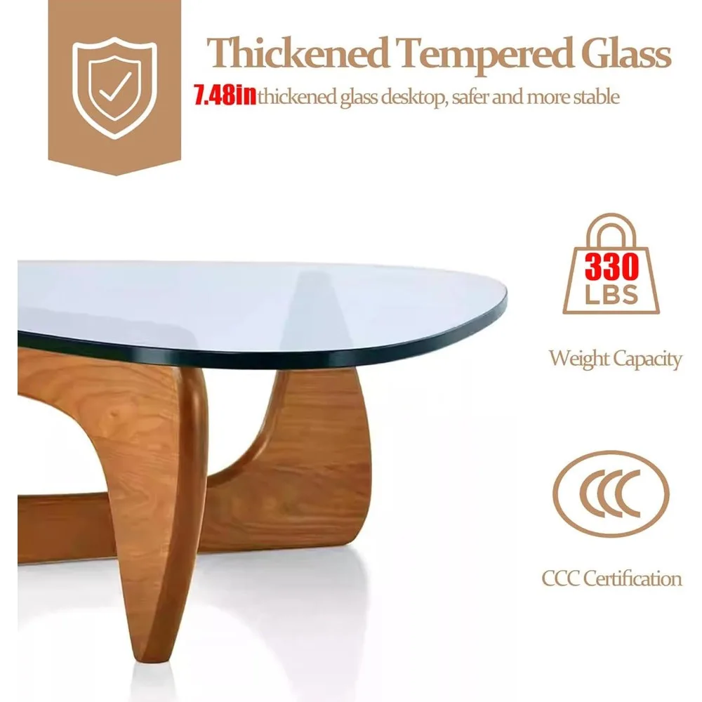 Living Room Coffee Table - Triangular Glass Coffee Table with Wooden Base, Mid-Century Modern Style for Study, Office, Hotel Bal