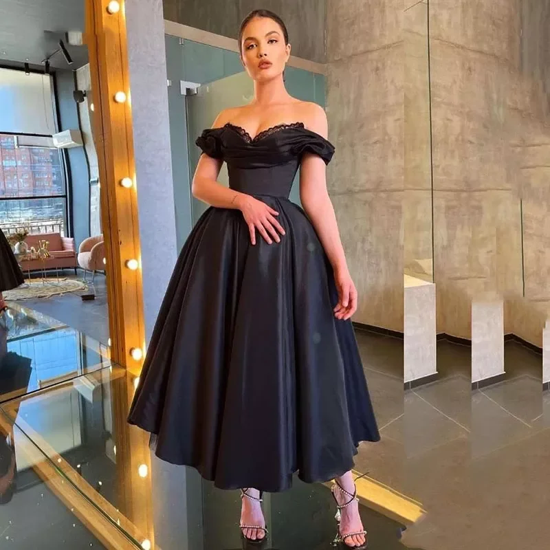 

Vinca Sunny Vintage Black Satin Evening Dresses Off Shoulder Ball Gown Graduation Celebrity Dress A-Line Tea Length Party Gowns