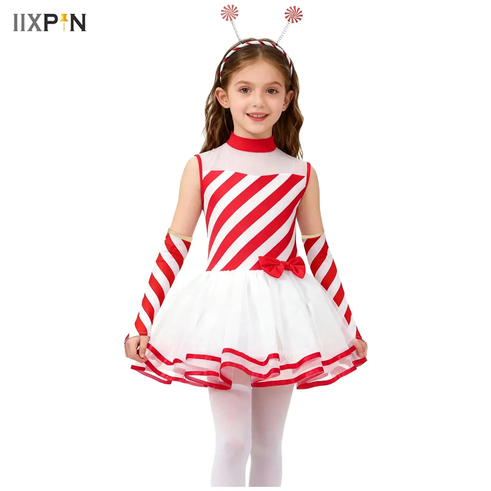 

Girls Christmas Dress Outfit Sleeveless Striped Mesh Tutu Leotard Dress+Oversleeves+Hair Hoop Headband for Xmas Party Dress-up