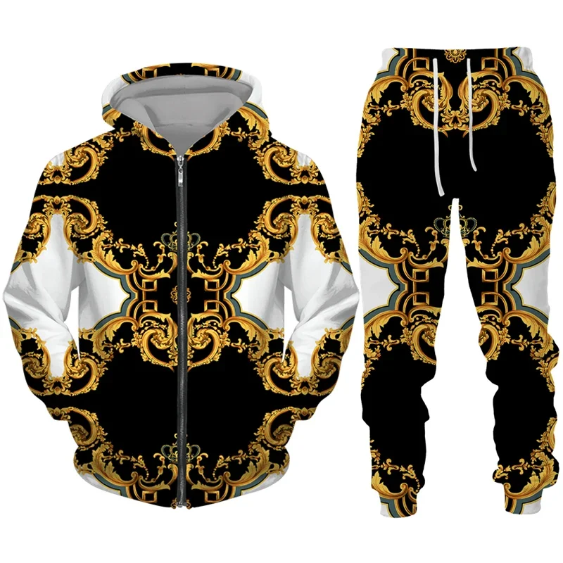 Luxury Golden pattern 3D print men's zipper tracksuit set casual hoodie pants 2PCs sets oversized sweatshirt fashion men clothes