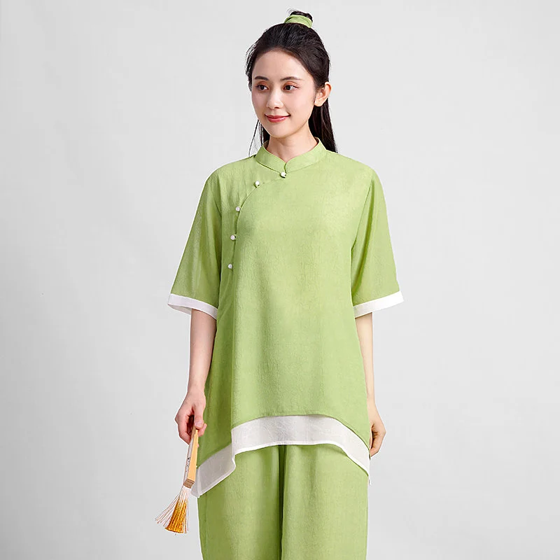 **New Tai Chi Suit - Chinese Style Gauze Linen Short-Sleeved Set for Spring/Summer, Original Design Baduanjin Qigong Performance