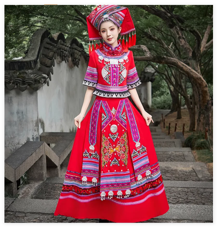 Huaxia Guangxi Zhuang ethnic clothing women's embroidery long skirt of ethnic minorities