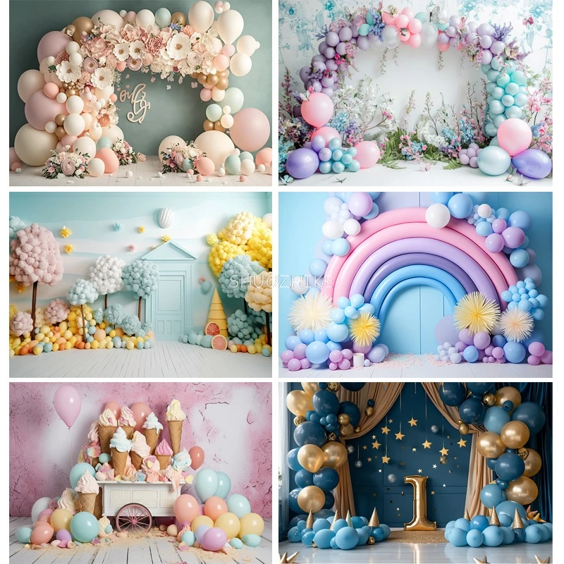 

Baby Room Happy Birthday Photography Backdrops Props Newborn Party Decoration Balloons Arch Floral Theme Photo Background QQ-01