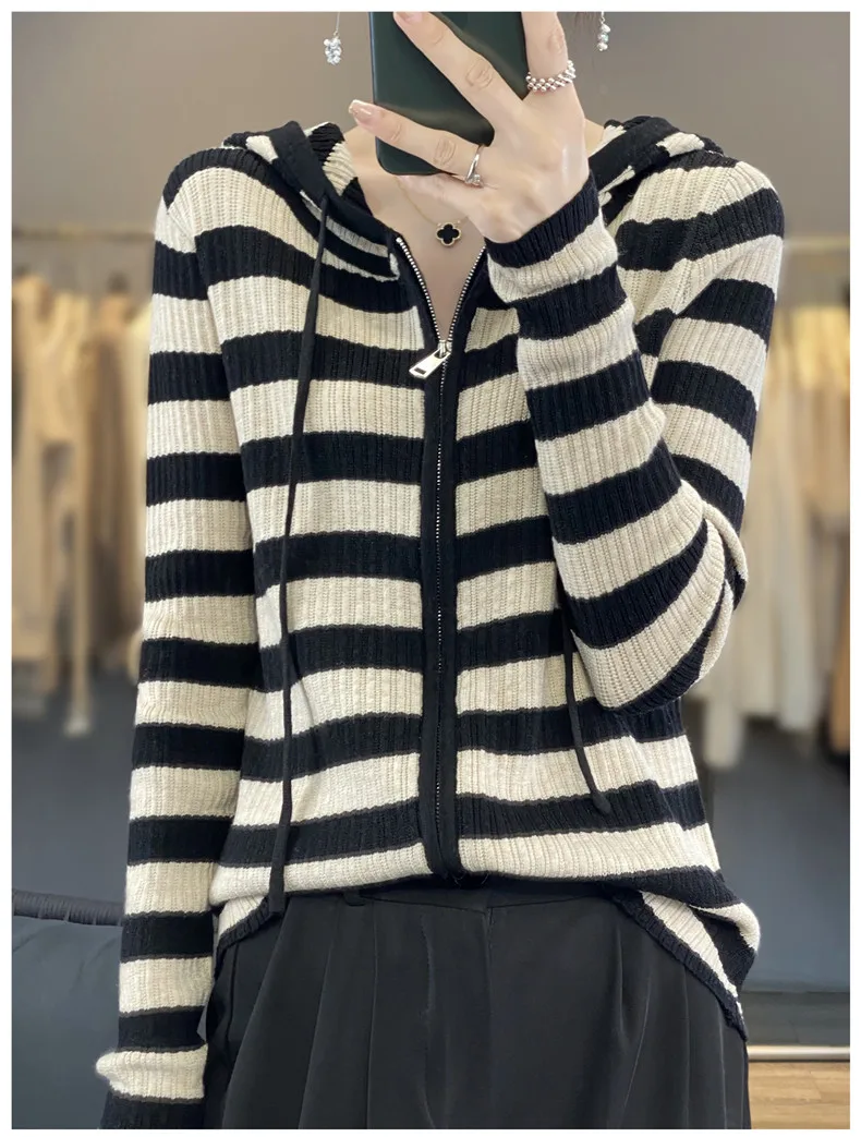 Stripe Color Matching Hooded Knitted Cardigan For Women\'s 2023 New Slimming Paper Sheet Thin Zippered Sweater Outerwear Hoodie