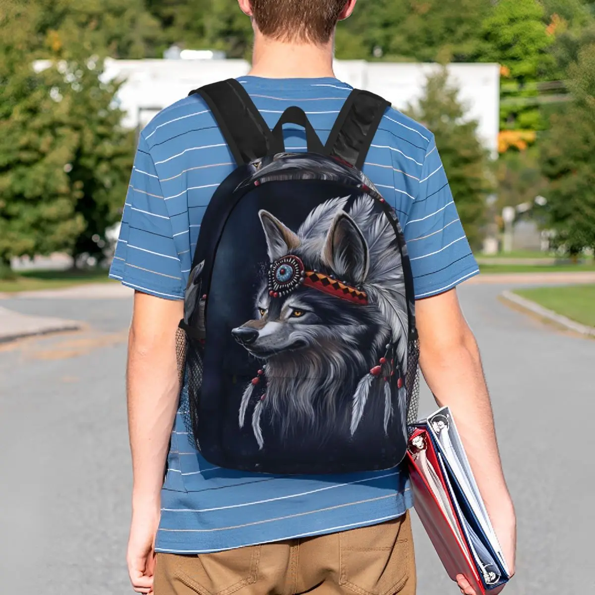 Ethnic Wolf Tradition Wolf Feather Backpack Student BookBag Children School Bag Computer Shoulder Bags for Boys Girls