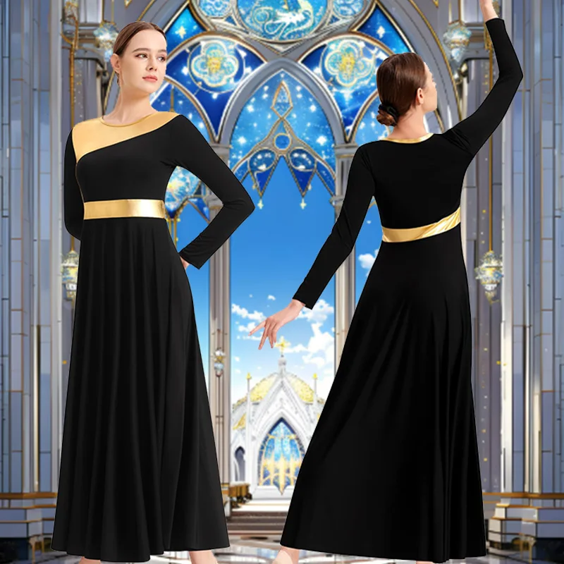 Women's Praise Dance Dress Long Sleeve Loose Fit Church Dancewear Metallic Full Length Liturgical Worship Costume Dance Dress