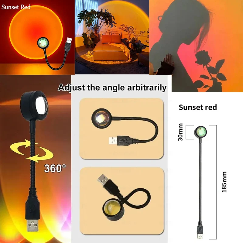 Sunset Lamp Projector USB Powered LED Sunset Light, Neon Aurora Romantic Night Light, Bedroom Wall Mood Home Decoration