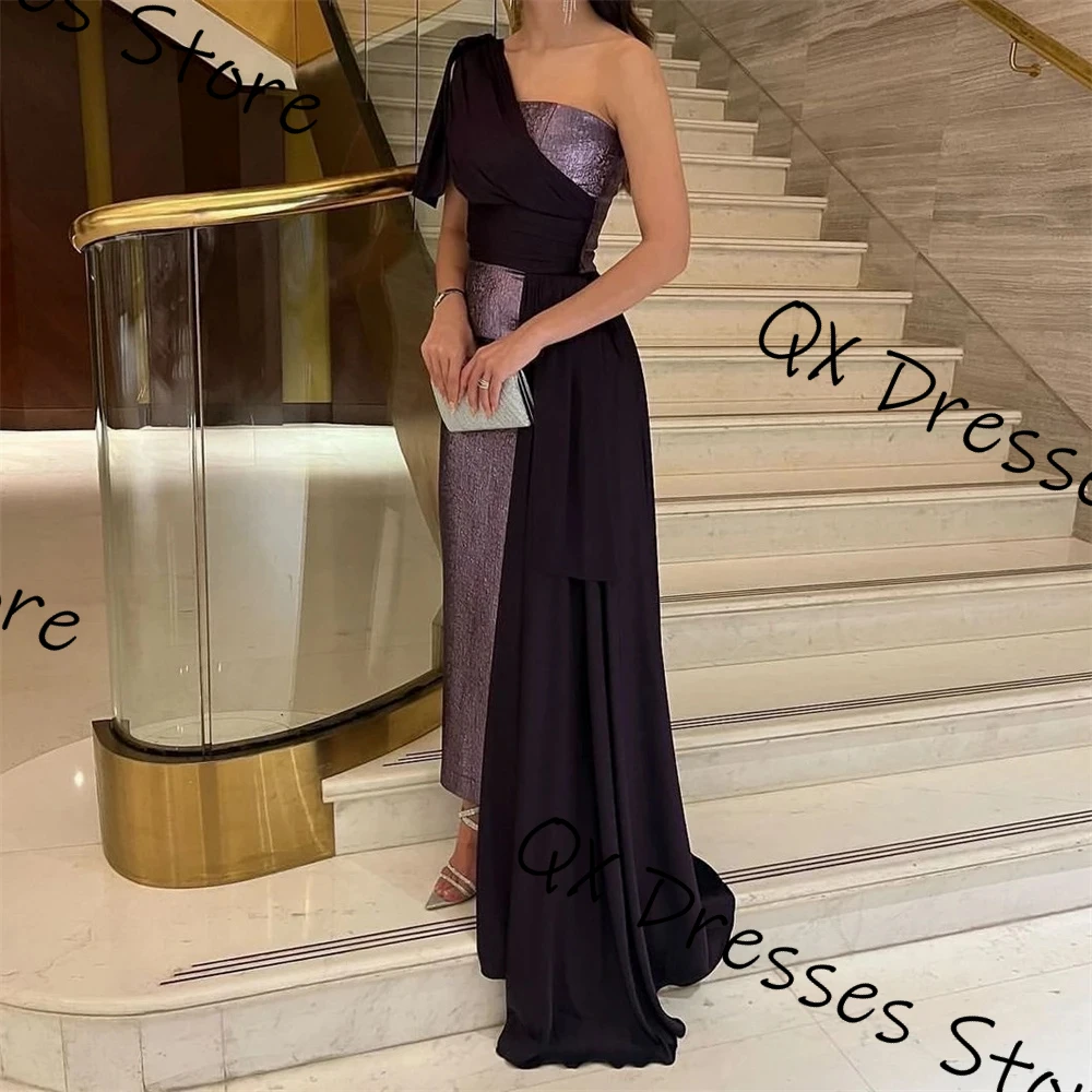 Customized Fashion elegant sparkle Prom Dress One-Shoulder stitching color With Sweep train party Gowns Pleat Sleeveless Ankle L