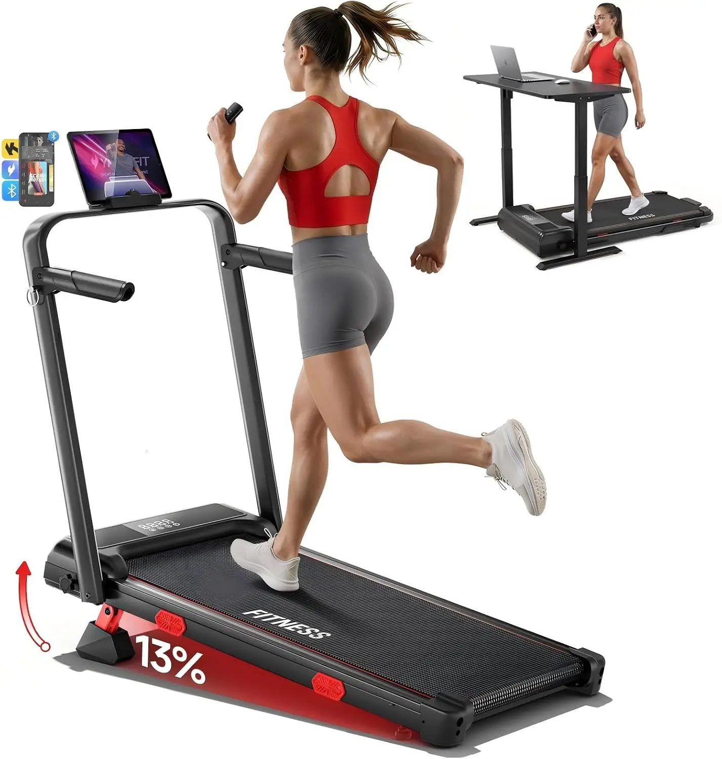 Foldable Walking Pad Treadmill with Handles, Max Speed 6.2 MPH, 13% Incline