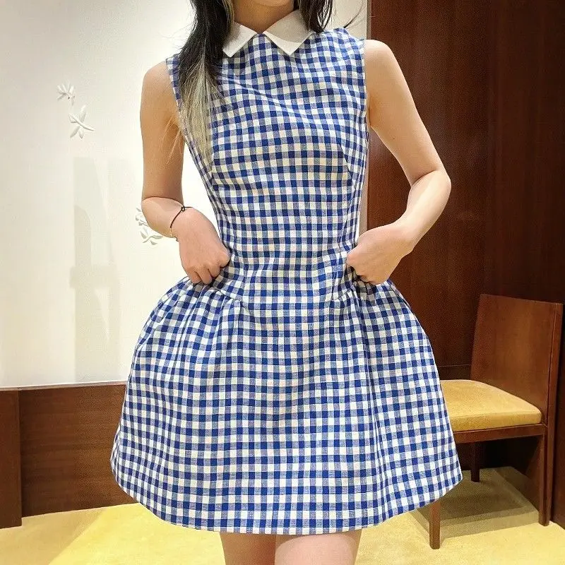 Korean Style Blue White Checkered Sundress Casual Smocked Waist Flowy Bubble Hem Dress Women's Beach Vacation A-Line Mini Dress