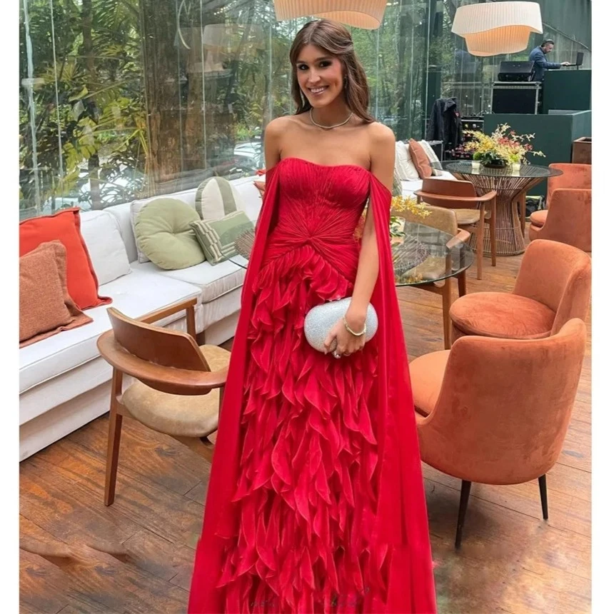 

Red Off Shoulder Tiered Ruffles Prom Dress Detachable Shawl vestidos de noiva Customize A-line Floor-length Formal Evening