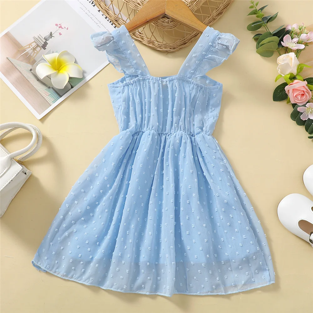 1-6 Year Children\'s Girls Summer Suspender Dress Blue Bow Chiffon Ruffle Fashionable Dress Girls Seaside Vacation Party Dress