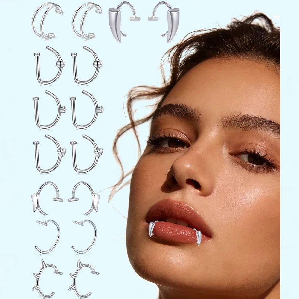 2pc Statement Stainless Steel Fake Lip Ring Tusk Snake Bite Non Piercing Jewelry For Women Men Daily Wear Festival Party Fashion