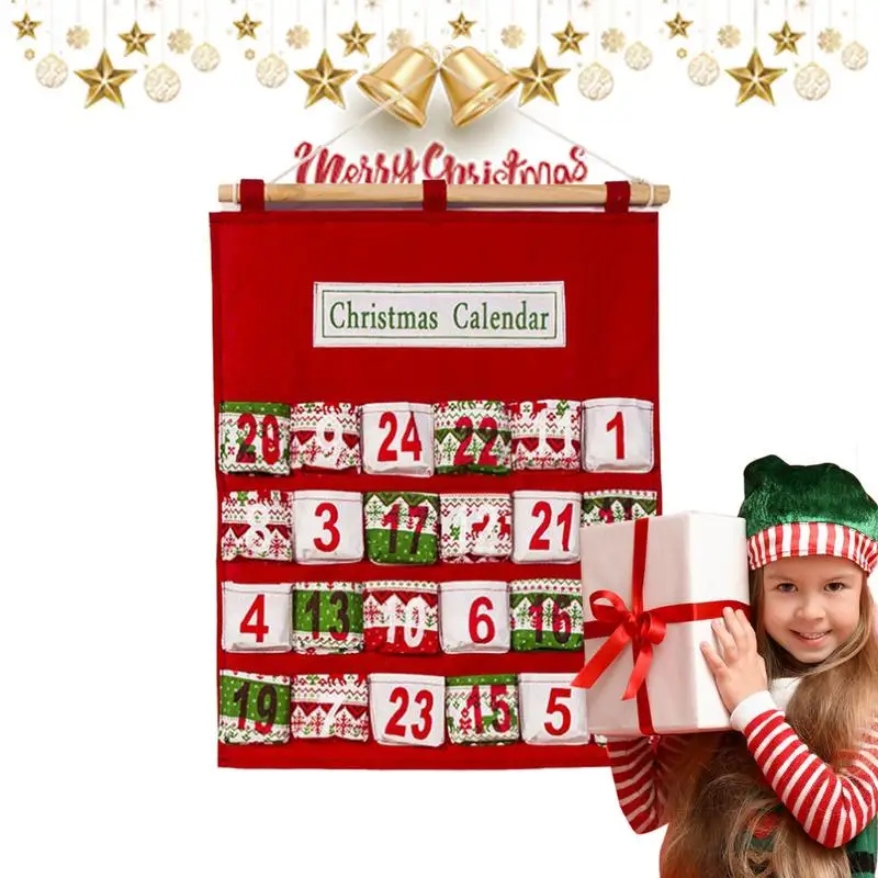 Christmas Fabric Advent Calendar with Pockets Multi Layer Candy Storage Hanging Bag Xmas Party Advent Drawstring Bags Pendant