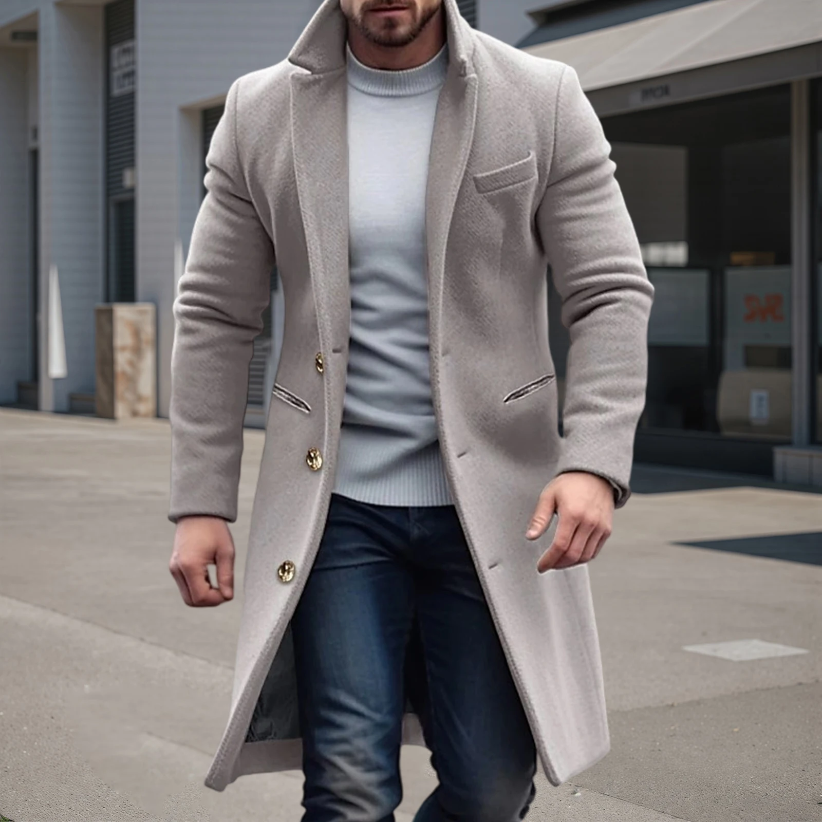 معطف رجالي بصدر واحد كاجوال بلون T دافئ وأكمام طويلة سترة شتوية لملابس الشارع الخارجية