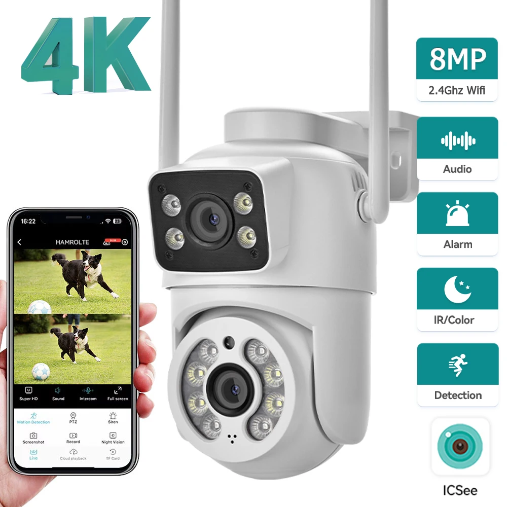 4K 8MP Dual Lens PTZ WiFi Camera Outdoor Waterproof Dual Screen Auto Tracking AI Human Detection Color Night Vision ICSEE APP