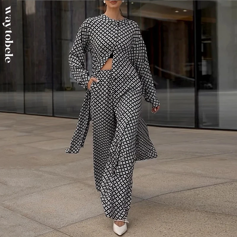 

Waytobele 2 Piece Set Women Summer Fashion Printed Long Sleeve Single Breasted Button Top Loose Wide Legs Pants Sets Streetwear