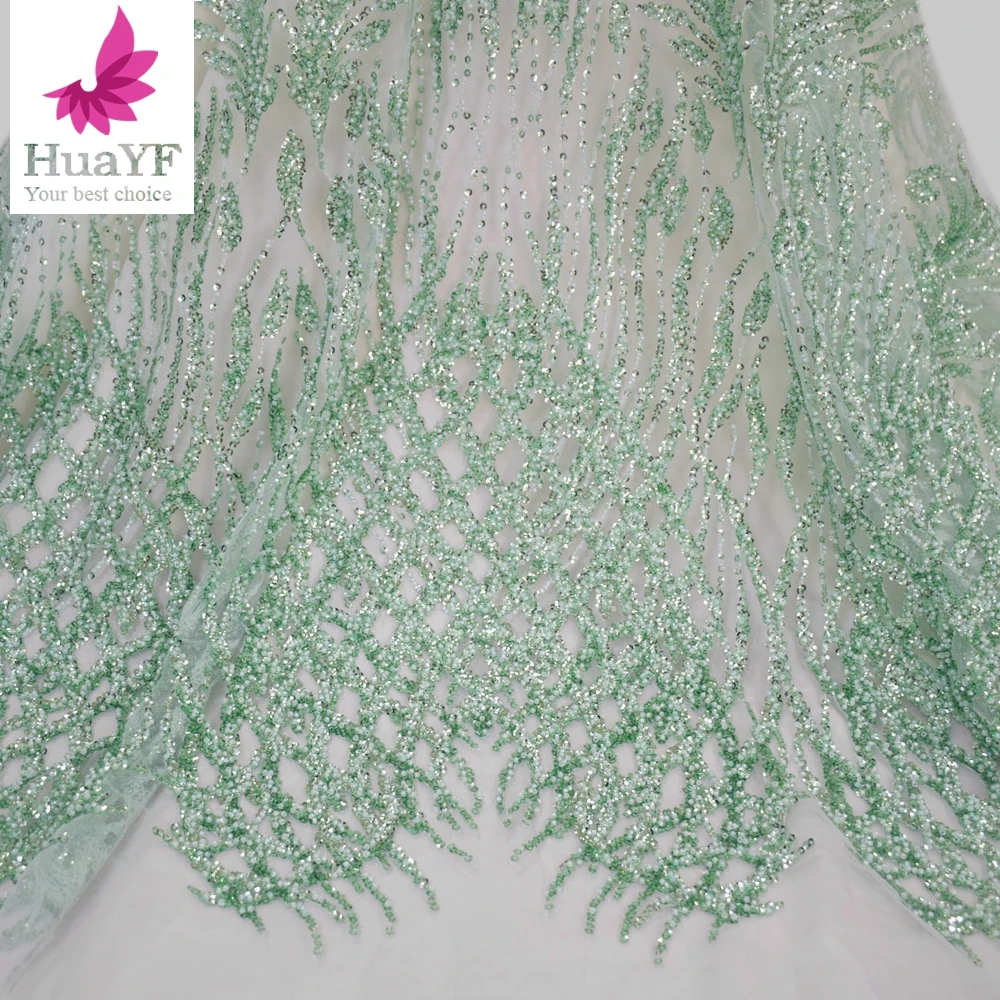 1 Yard New Arrival in Nigeria Mint Green Lace Tulle Fabric with Beads and Sequins for Party Dresses HY1614