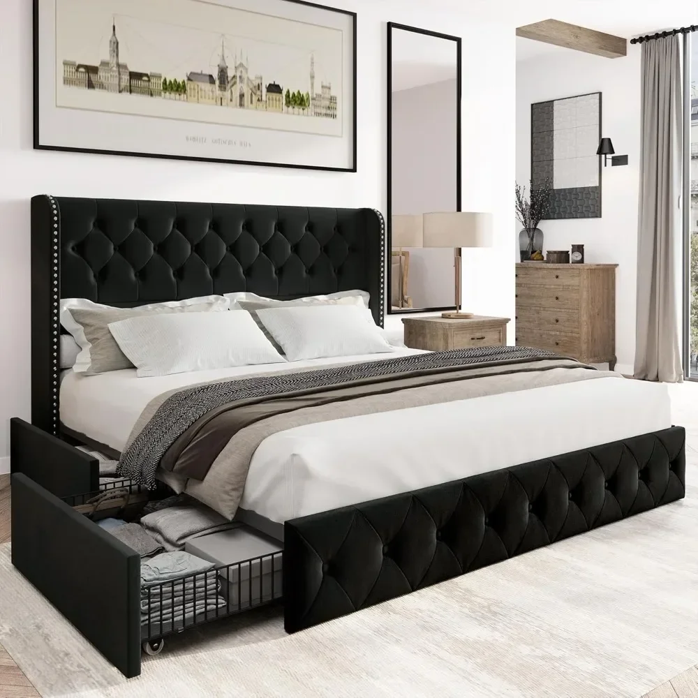 

Bed Frame with Storage Drawers and Tufted Headboard, Velvet Upholstered Platform Bed Wingback Bed Frame with Wood Slats